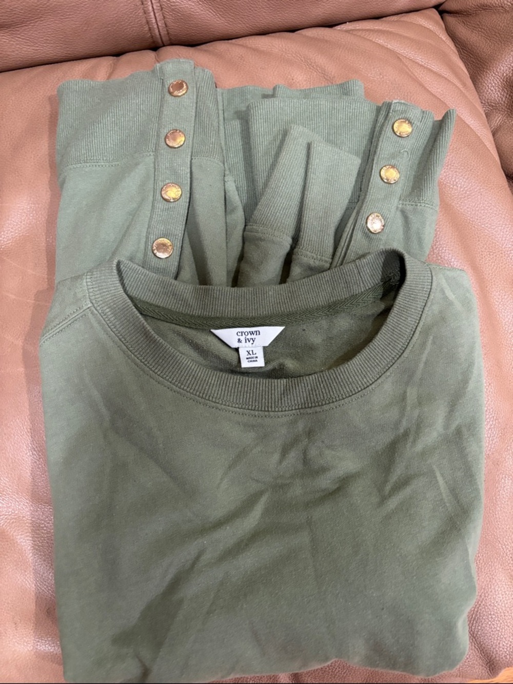 crown & ivy Olive Green Top with Gold Buttons